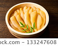 A traditional Japanese dish of unbleached and unprocessed herring roe served in a wooden barrel (wood grain background) 133247608