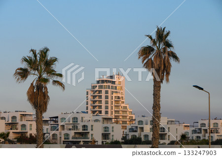 Cityscape at dusk with modern architecture and palm trees in a coastal paradise 133247903