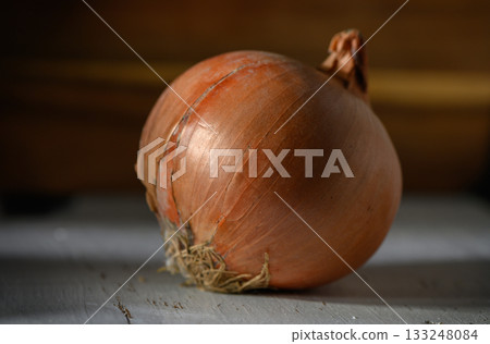 Fresh and vibrant onion resting on a rustic wooden surface after being harvested in the late afternoon light Fresh and vibrant onion resting on a rustic wooden surface after being harvested in the late afternoon light 133248084