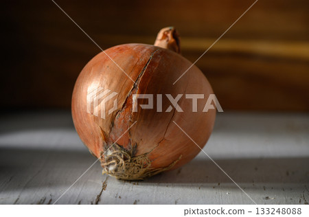 Unique perspective on a rustic onion resting on a weathered wooden table in warm, natural light 133248088
