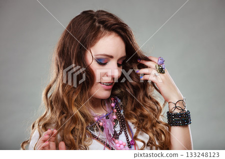Pretty woman with jewelry necklaces ring bracelets Pretty woman with jewelry necklaces ring bracelets 133248123