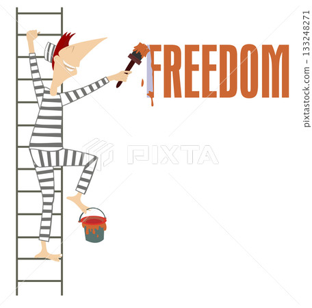 Cartoon prisoner paints a sign freedom.  Happy prisoner in the striped uniform on the ladder and writing the word freedom 133248271