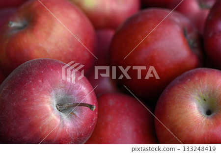 Fresh red apples clustered together in a vibrant display at a local farmers market 133248419