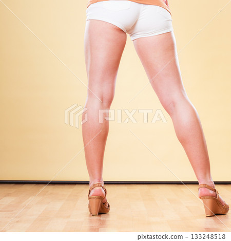 Female legs in summer shorts and fashionable shoes Female legs in summer shorts and fashionable shoes 133248518