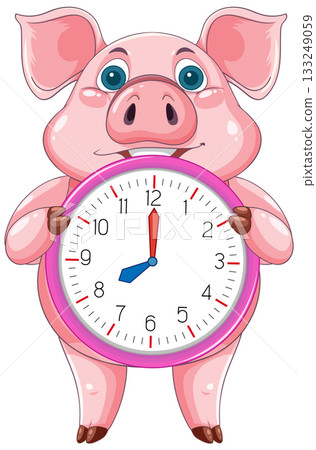 Cartoon Pig Holding Large Analog Clock Illustration 133249059