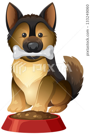 German Shepherd Dog Holding Bone by Food Bowl Illustration 133249060