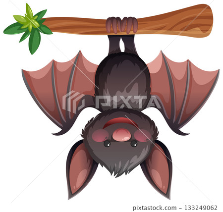 Cartoon Bat Hanging Upside Down from Tree Branch 133249062