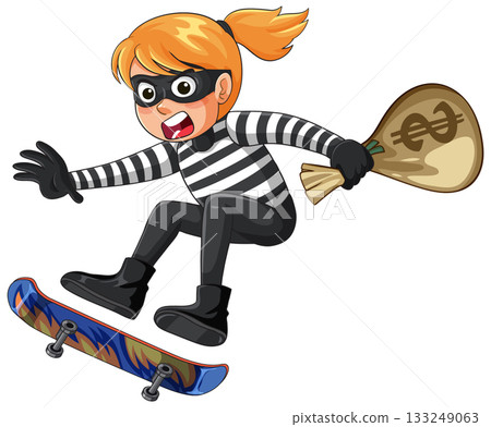 Female Robber Escaping on Skateboard with Money Bag 133249063