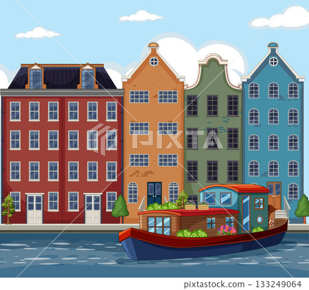 Colorful Canal Houses and Houseboat in Dutch Cityscape 133249064
