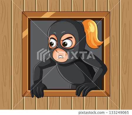 Female Burglar Climbing Through Wooden Window in Cartoon Style 133249065