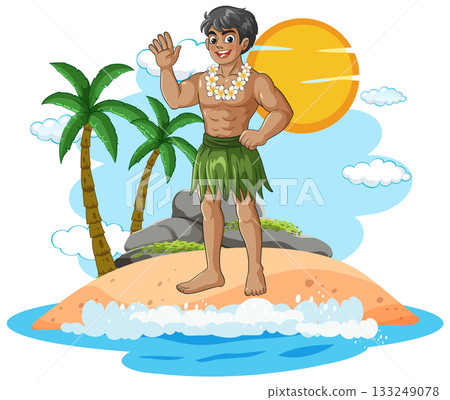 Hawaiian Man Waving on Tropical Island Beach 133249078