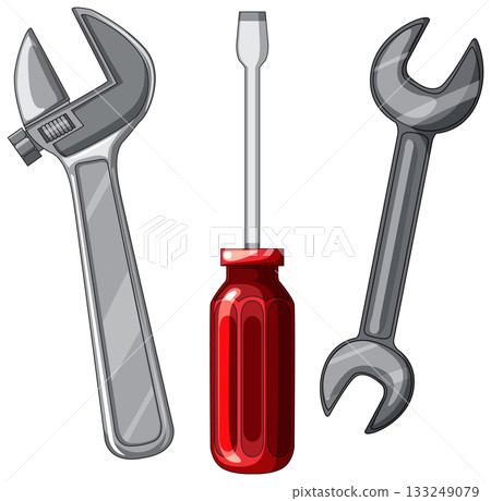 Vector Illustration of Adjustable Wrench, Screwdriver, and Open-End Wrench Vector Illustration of Adjustable Wrench, Screwdriver, and Open-End Wrench 133249079
