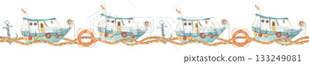 Watercolor seamless nautical border with marine rope, boats, anchors and lifebuoys 133249081