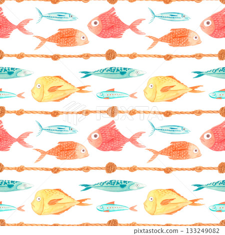 Watercolor tropical fish seamless pattern with nautical rope. Marine summer design. 133249082