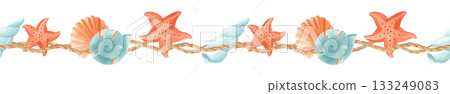Nautical seamless border with seashells and starfish. Watercolor marine illustration isolated on white 133249083