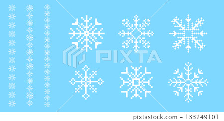 Set y2k pixel art snowflake winter crystal and borders, retro 8 bit mosaic ornament. Ice seasonal design element, background. 90s aesthetics vintage games. Set y2k pixel art snowflake winter crystal and borders, retro 8 bit mosaic ornament. Ice seasonal design element, background. 90s aesthetics vintage games. 133249101