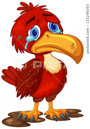 Sad Red Cartoon Bird Standing in Mud Puddle Sad Red Cartoon Bird Standing in Mud Puddle 133249263