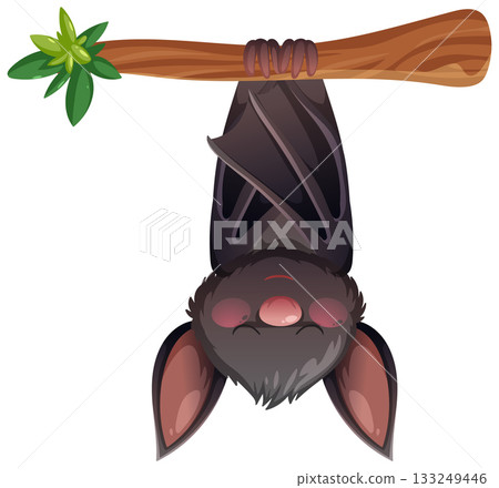 Cartoon Bat Hanging Upside Down from Tree Branch Cartoon Bat Hanging Upside Down from Tree Branch 133249446