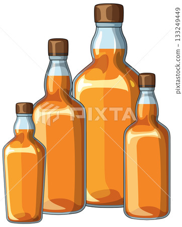 Four Glass Bottles Filled With Amber Liquid Four Glass Bottles Filled With Amber Liquid 133249449