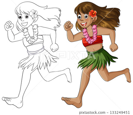 Hawaiian Girl Running in Traditional Hula Costume 133249451