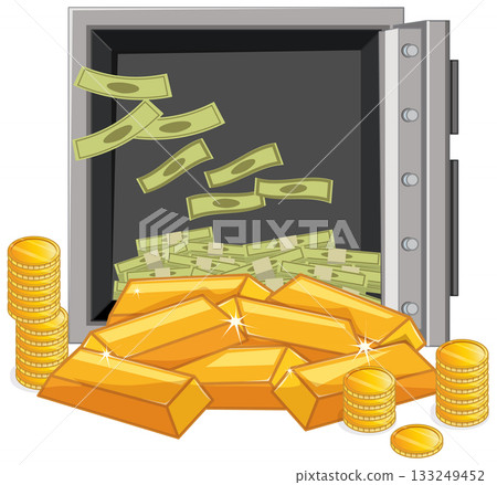 Open Safe Filled With Gold Bars and Cash 133249452