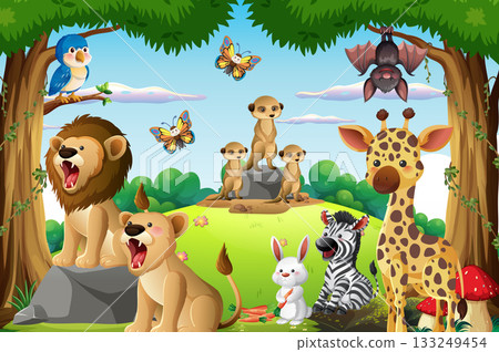 Cartoon Jungle Animals Gathering in Lush Forest Clearing 133249454