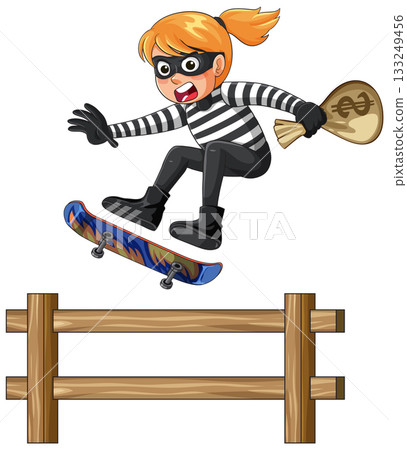 Female Robber Jumping Fence on Skateboard With Money Bag 133249456
