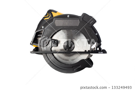 A powerful electric hand-held circular saw isolated on a white background, close-up. Woodworking tool. A powerful electric hand-held circular saw isolated on a white background, close-up. Woodworking tool. 133249493