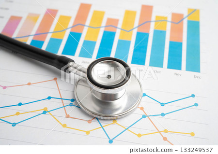 Stethoscope on chart or graph paper, Financial, account, statistics and business data medical health. 133249537