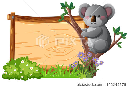 Cute Koala Sitting on Tree Beside Wooden Signboard 133249576
