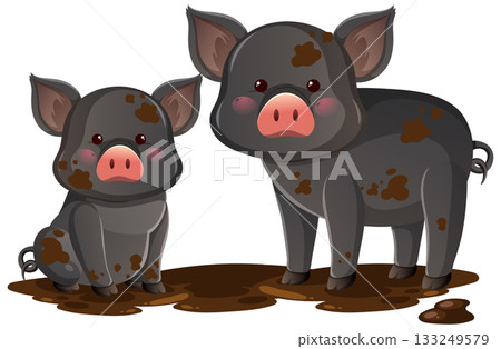 Two Muddy Piglets Standing on Wet Ground 133249579