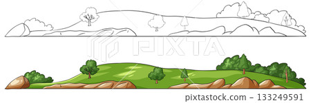 Rolling Green Hills with Trees and Rocks Vector Illustration Rolling Green Hills with Trees and Rocks Vector Illustration 133249591