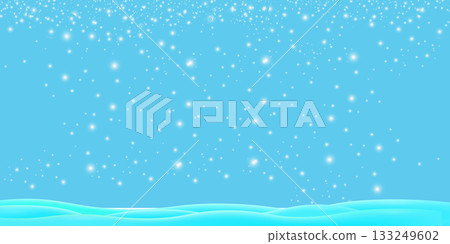 Realistic cartoon snow hills with falling snowflakes and blue sky background. Winter wide landscape design element with blue snow. Minimal nature composition with snowy fields and falling snow 133249602
