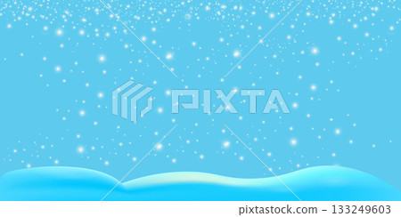 Realistic cartoon snow hills with falling snowflakes and blue sky background. Winter wide landscape design element with blue snow. Minimal nature composition with snowy fields and falling snow 133249603