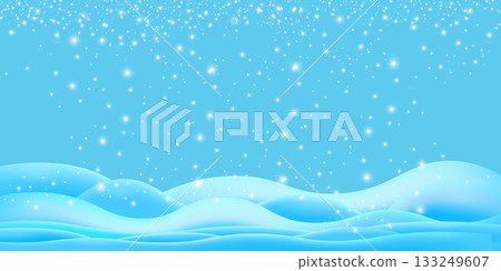 Realistic cartoon snow hills with falling snowflakes and blue sky background. Winter wide landscape design element with blue snow. Minimal nature composition with snowy fields and falling snow 133249607