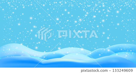 Realistic cartoon snow hills with falling snowflakes and blue sky background. Winter wide landscape design element with blue snow. Minimal nature composition with snowy fields and falling snow Realistic cartoon snow hills with falling snowflakes and blue sky background. Winter wide landscape design element with blue snow. Minimal nature composition with snowy fields and falling snow 133249609
