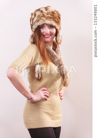 Winter woman in warm clothing fur cap Winter woman in warm clothing fur cap 133249801