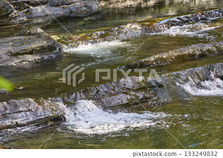 Crystal clear stream flowing over rocky cascades in lush forest setting 133249832