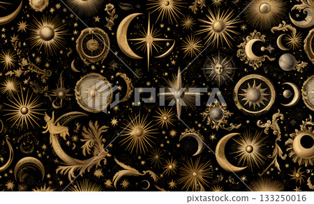 A classic pattern background with golden celestial motifs A classic pattern background with golden celestial motifs 133250016
