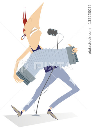 Cartoon man playing accordion and singing.  Funny musician playing accordion and singing to microphone. Isolated on white background 133250053