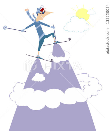 High mountain. Skiing young man.  Winter sport. Young skier man standing on the top of the mountain. Isolated on white background 133250054