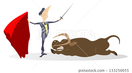 Successful fight. Cartoon bullfighter and bull. Cartoon brave bullfighter with a sword and cloak of the matador stands near the fallen bull 133250055