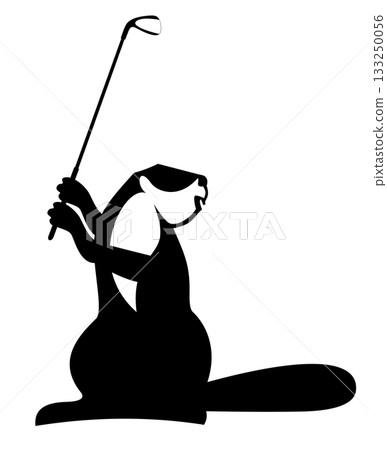 Cartoon beaver plays golf. Funny beaver tries to do a good shot. Original black and white illustration Cartoon beaver plays golf. Funny beaver tries to do a good shot. Original black and white illustration 133250056