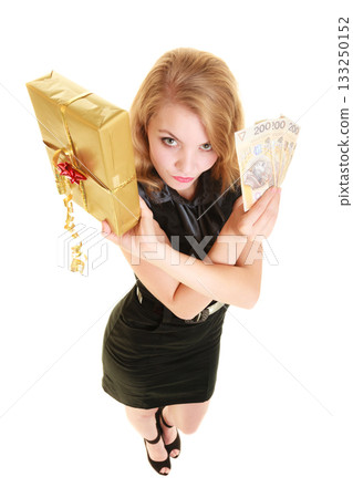 Woman with gift box and polish money banknote. 133250152