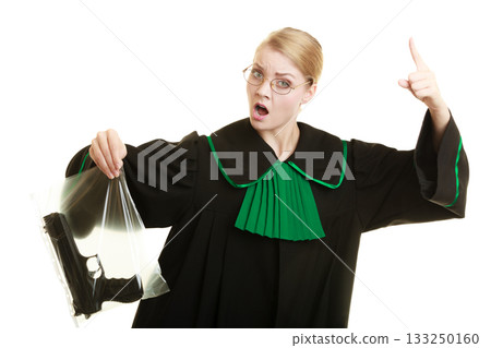 Woman lawyer with gun bag marked evidence for crime. 133250160