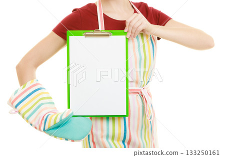housewife holding clipboard with copy space for text. 133250161