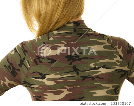 Woman wearing camo moro top 133250167