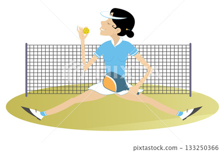 Smiling woman sits on the pickleball court. Young woman with pickleball paddle and ball sitting on the grass 133250366