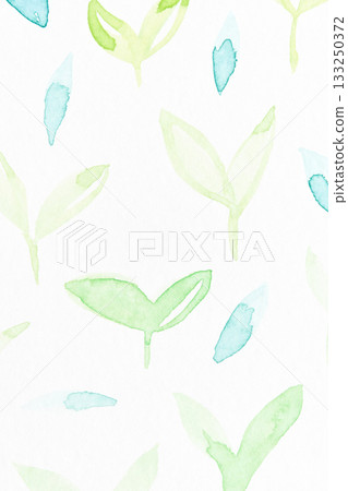 Watercolor green and blue leaves pattern on white background with light 133250372