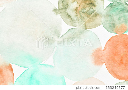 Soft pastel watercolor circles pattern in green and orange hues on white 133250377